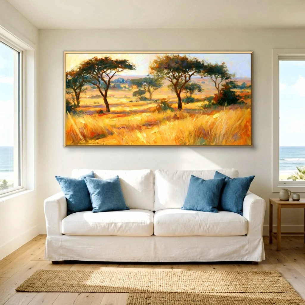 Acacia trees on golden grassland impressionist in a bright living room