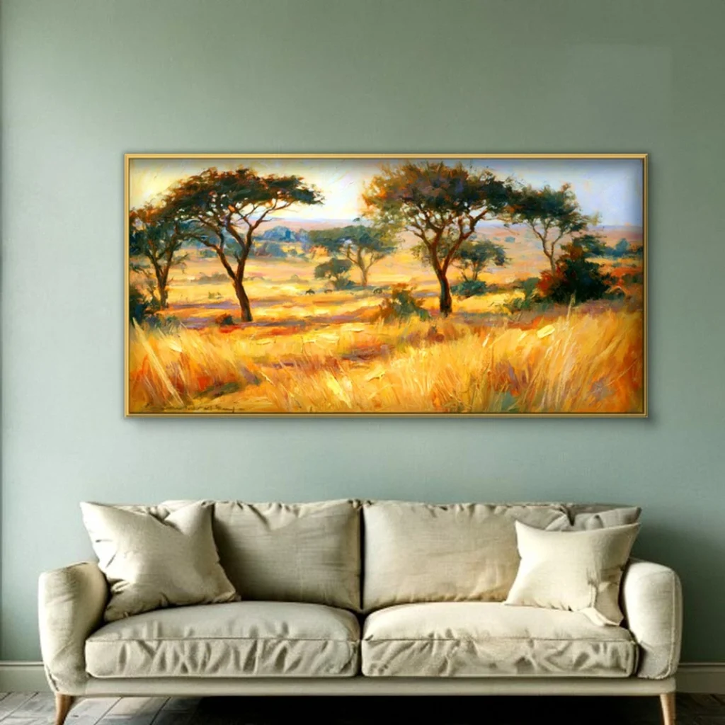 Acacia trees on golden grassland impressionist in a living room