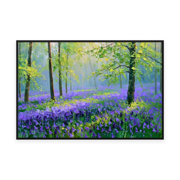 An oversized horizontal impressionist painting of a carpet of violet bluebells spreading under fresh green spring trees, in soft palette-knife strokes catching the dappled light