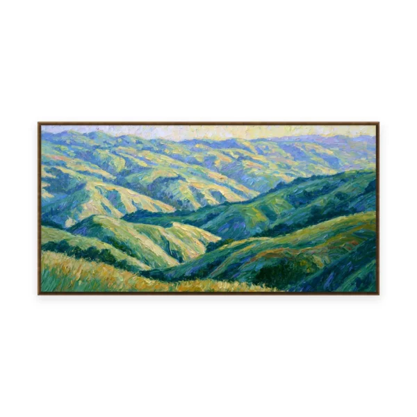An oversized horizontal impressionist painting of sunlit green hills rolling in folds into the distance, in bold palette-knife strokes catching the light and shadow across the open land