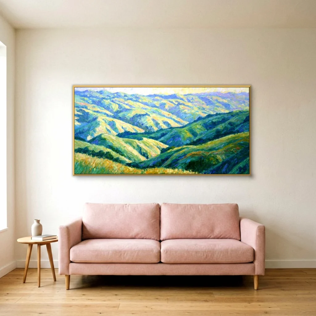 Sunlit green rolling hills impressionist in a living room