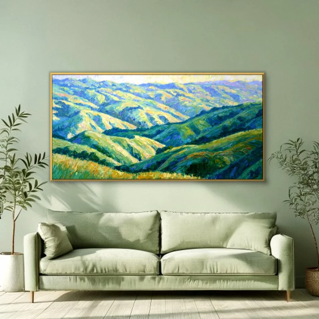 Sunlit green rolling hills impressionist in a cozy living room