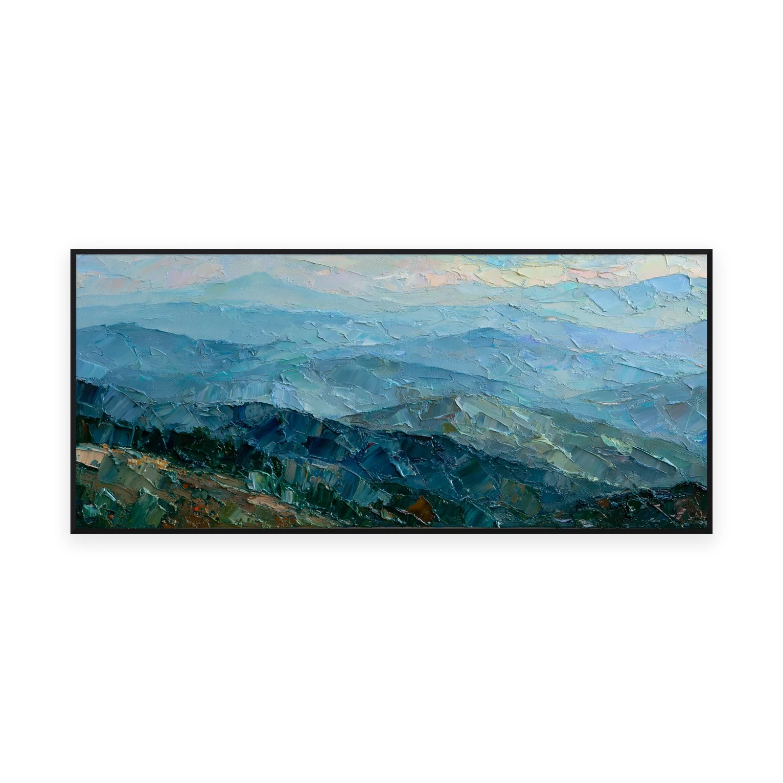 An oversized horizontal impressionist painting of layered blue mountain ridges fading into soft mist, in gentle palette-knife strokes