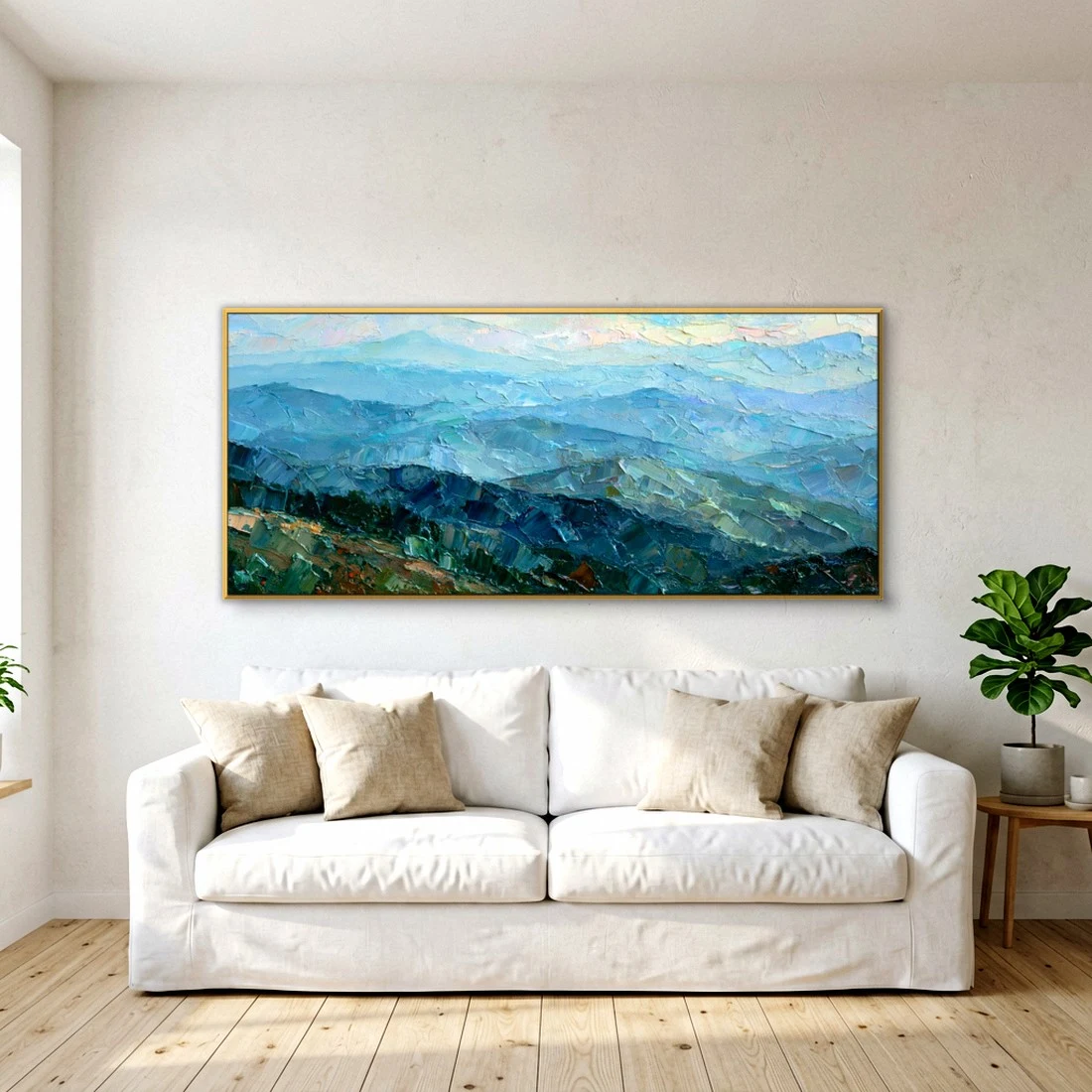 Layered misty blue mountain ridges impressionist in a bright living room