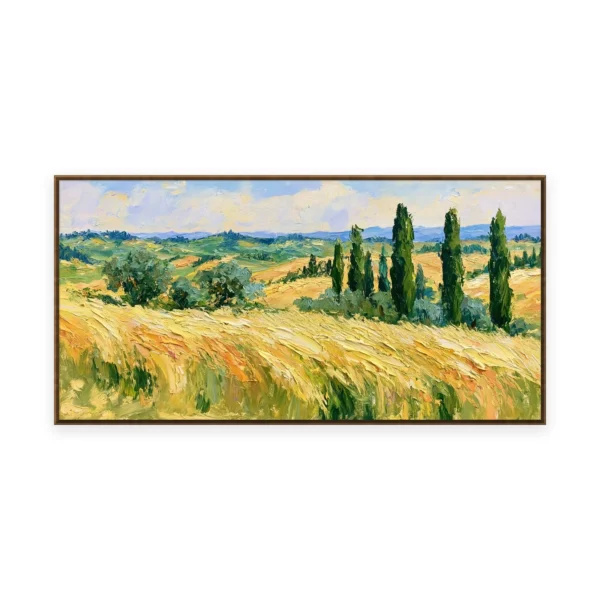 An oversized horizontal impressionist painting of golden Tuscan fields rolling past cypress trees to soft hills, in warm loose palette-knife strokes catching the calm afternoon light