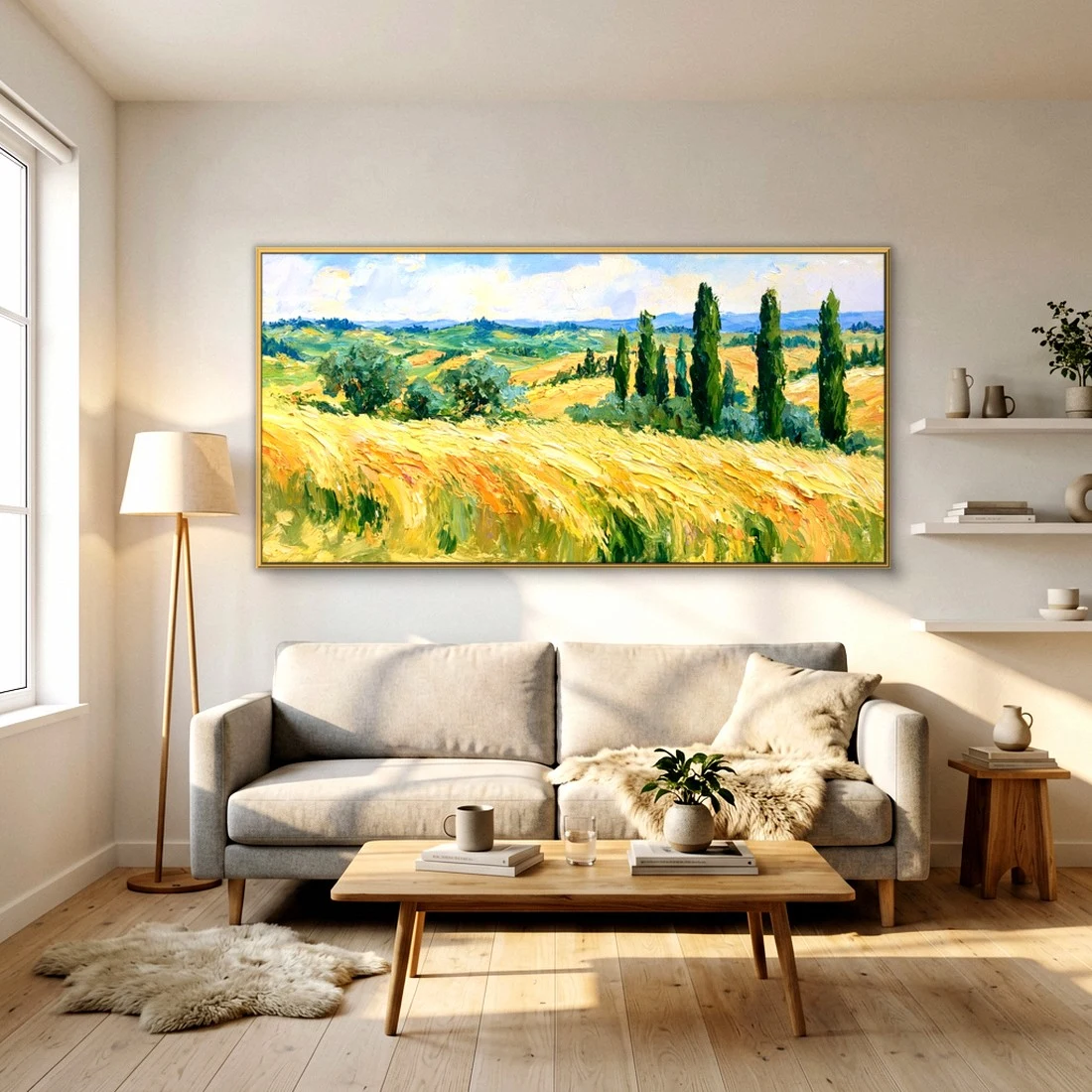 Golden Tuscan fields with cypress impressionist in a bright living room