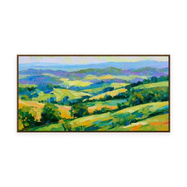 An oversized horizontal impressionist painting of rolling green hills folding into a soft Tuscan valley, in gentle palette-knife strokes catching the patchwork fields and quiet distance