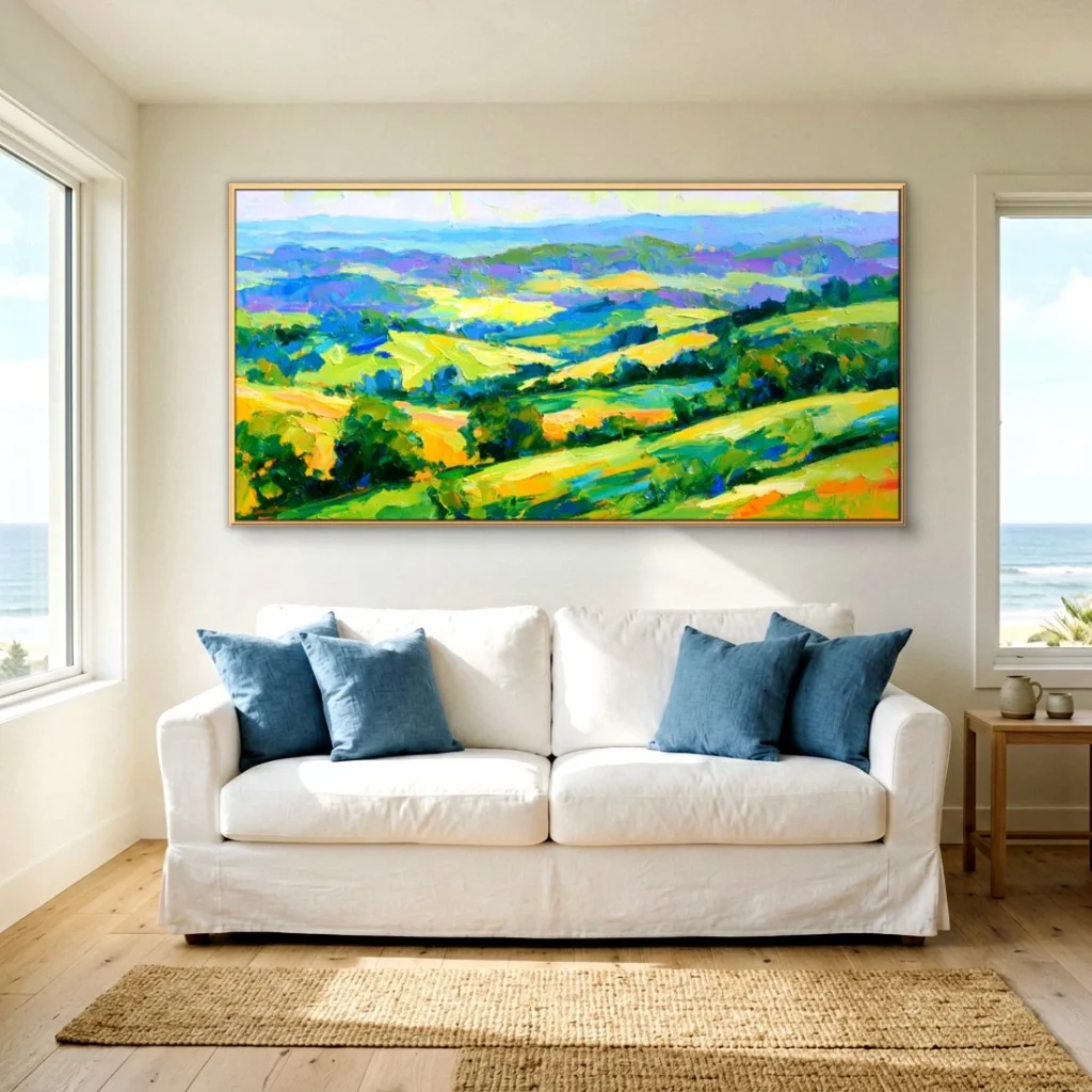 Rolling green Tuscan valley impressionist in a bright living room
