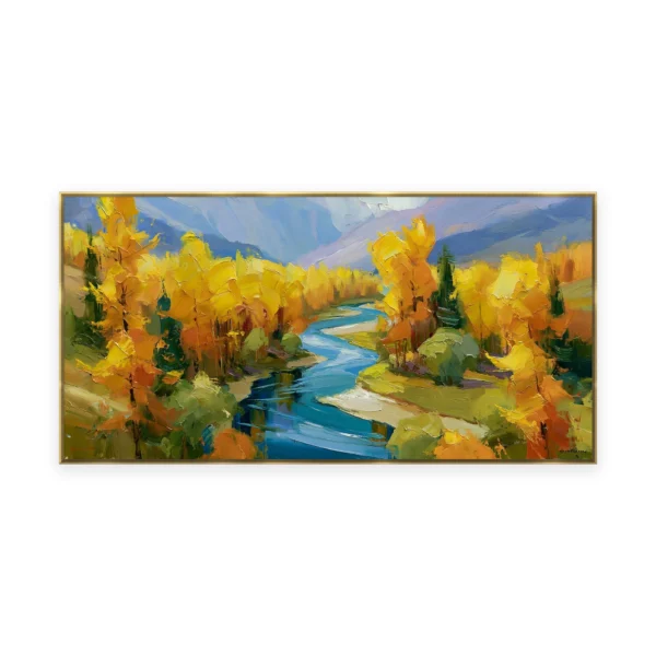 A large horizontal impressionist landscape painting of a blue river winding through a valley of golden autumn trees, with green banks and soft blue mountains behind, worked in loose palette-knife oil.
