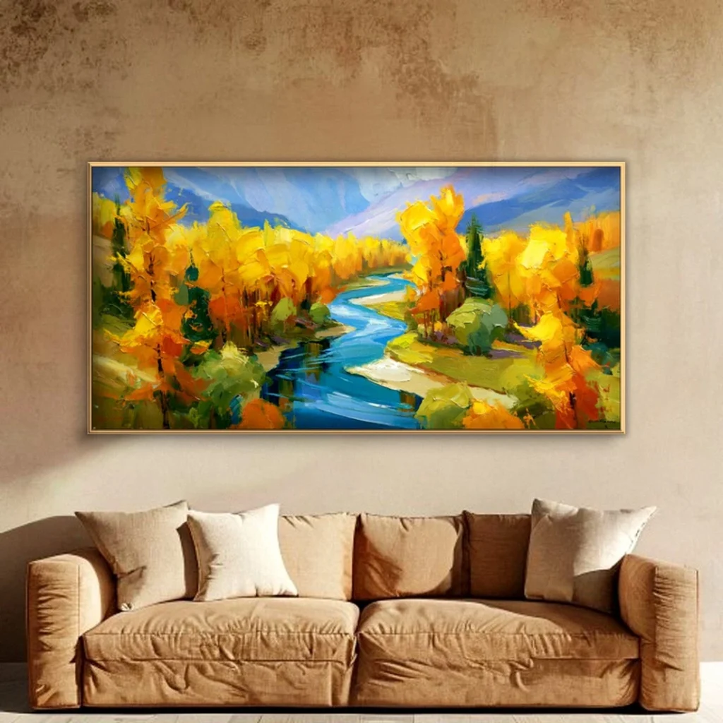 Golden fall countryside river valley wall art in a cozy living room
