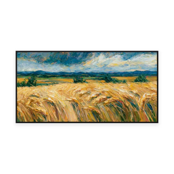 A large horizontal impressionist landscape painting of a golden wheat field bending in the wind below a blue sky of white clouds, with green hills far off, worked in thick expressive palette-knife strokes.