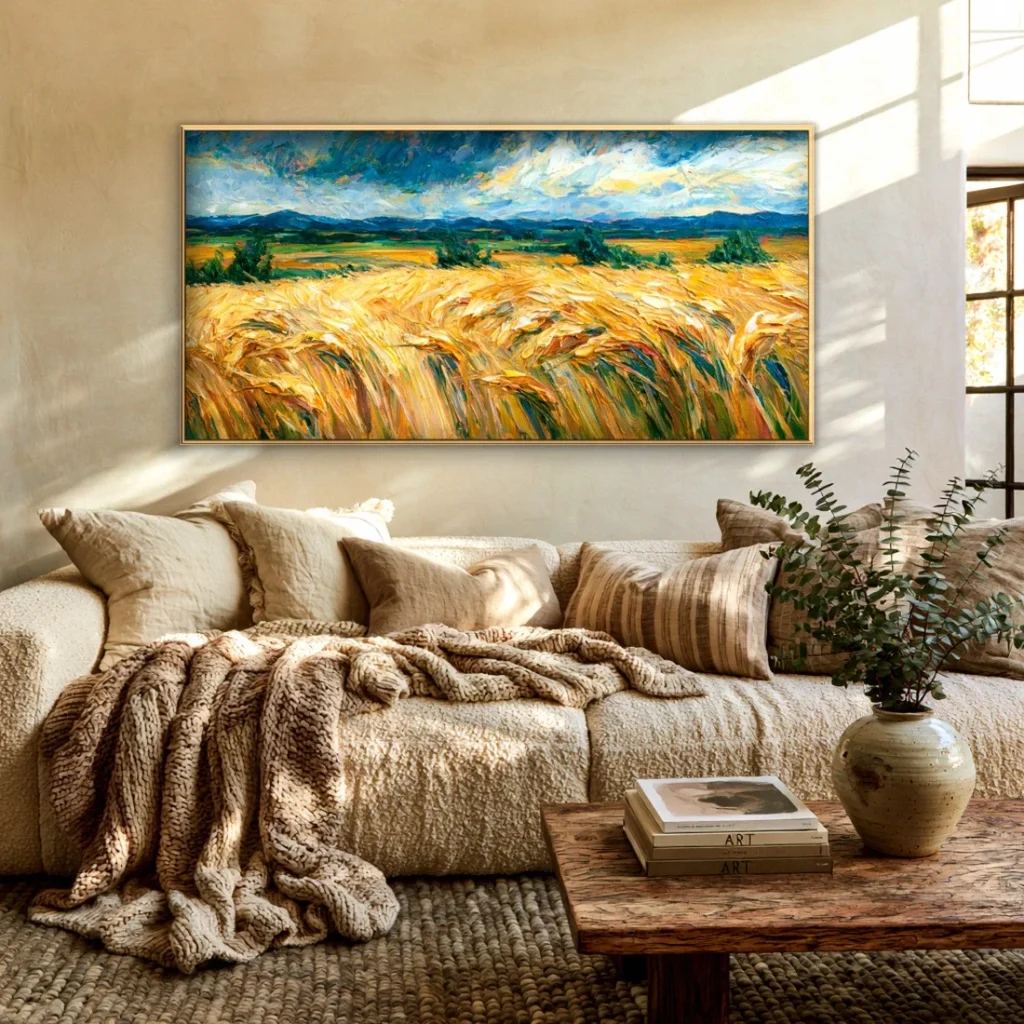 Textured golden wheat field summer countryside oil painting in a cozy living room