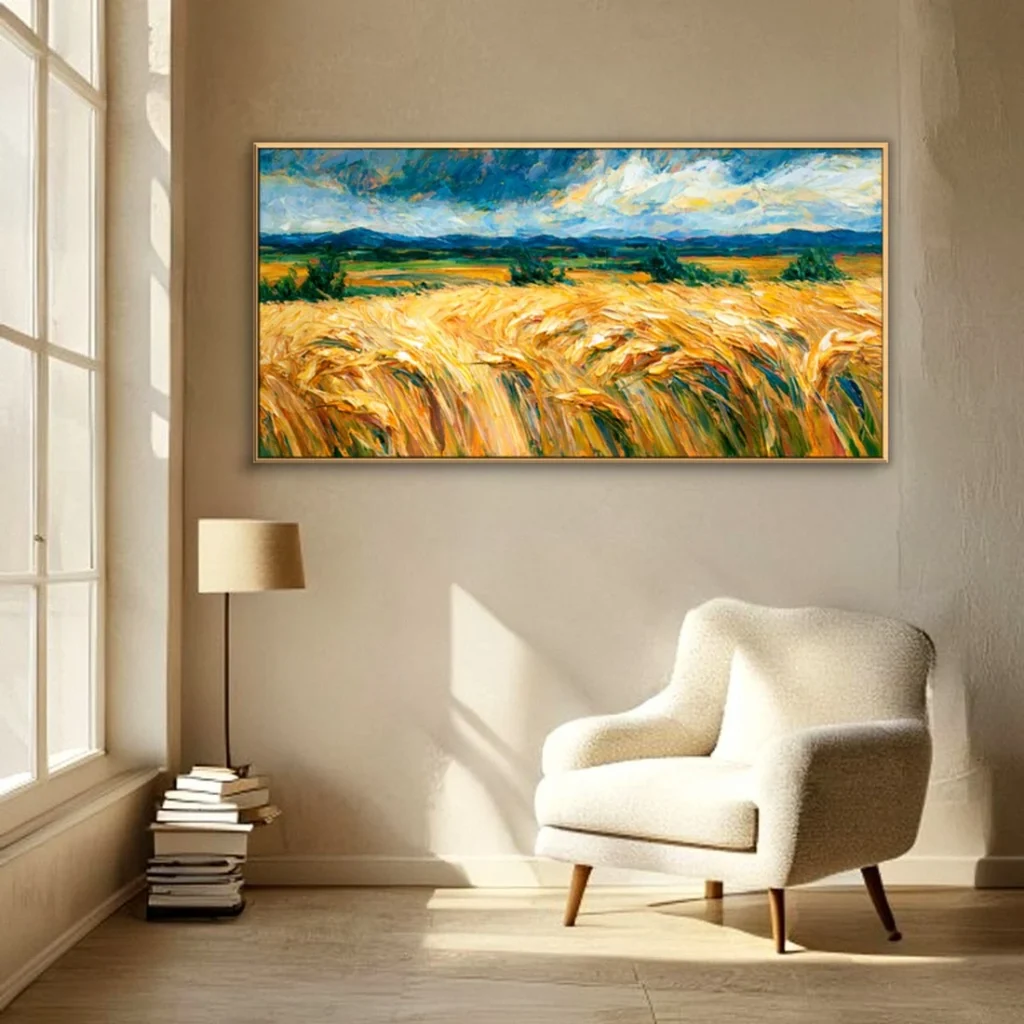 Textured golden wheat field summer countryside oil painting in a reading nook