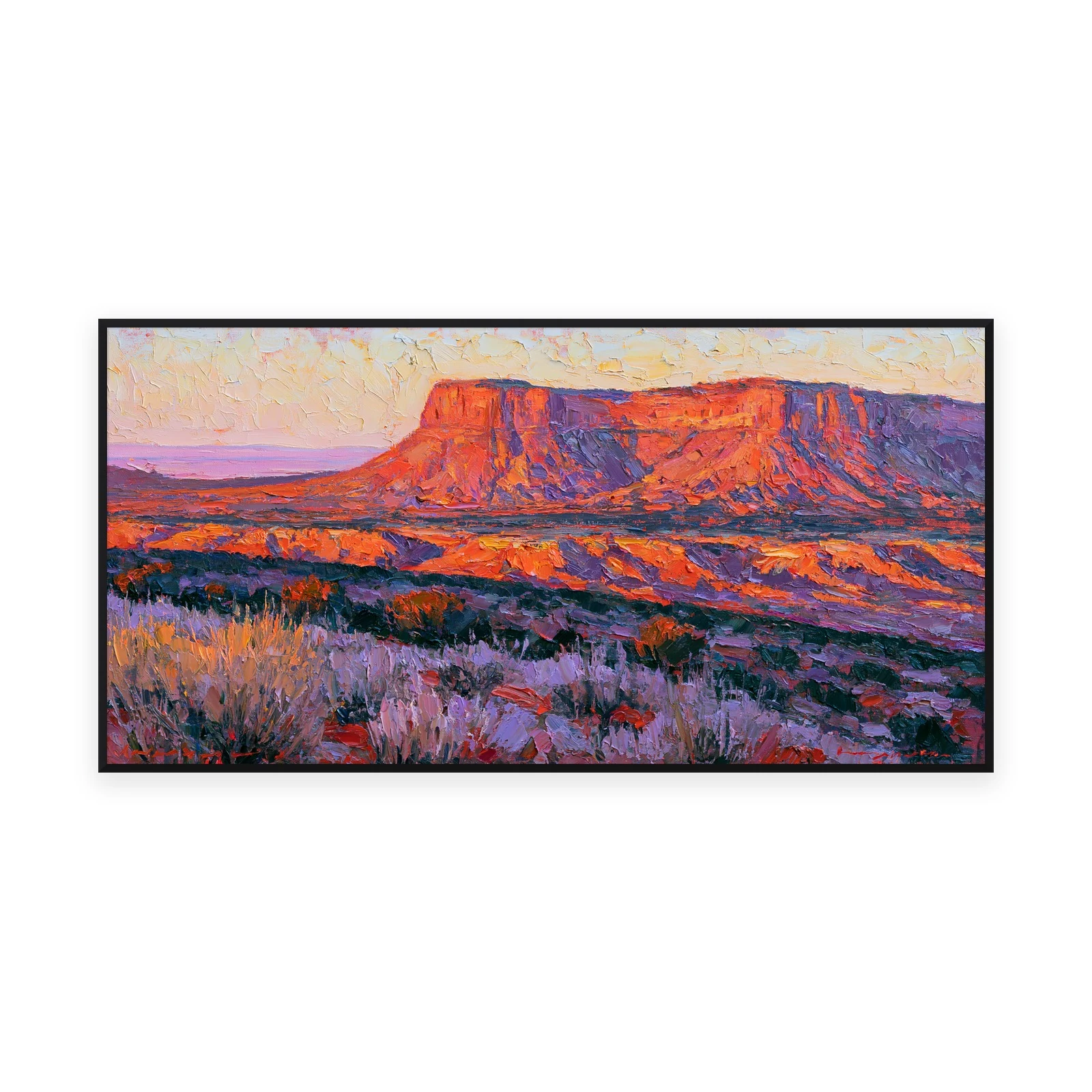 A large horizontal impressionist landscape painting of a red rock mesa glowing at sunset over a purple desert of sagebrush, under an orange sky, in thick colorful palette-knife strokes