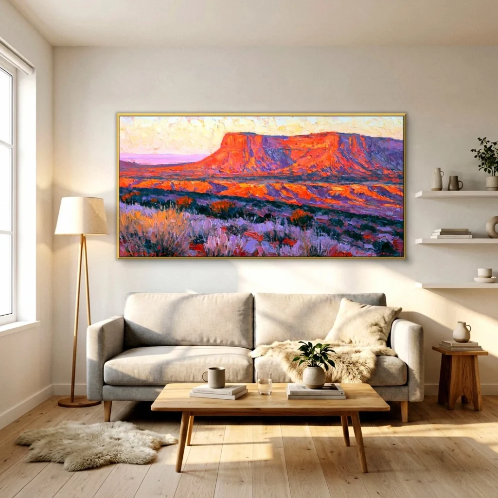 Red rock butte sunset colorful landscape oil painting in a bright living room