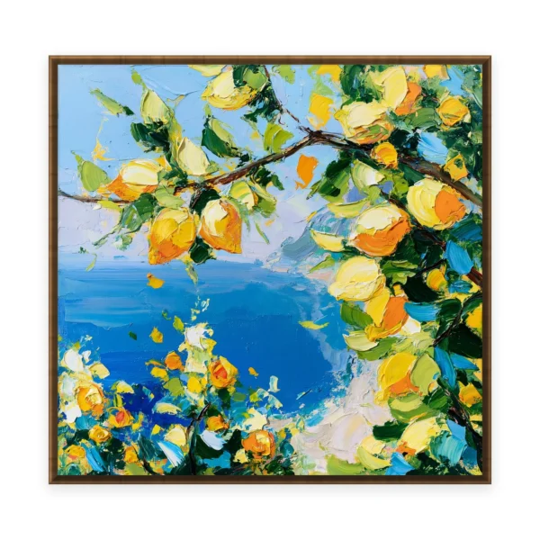 A large square impressionist oil painting of a lemon branch heavy with ripe yellow fruit and white blossom arching over a deep cobalt-blue Mediterranean bay, in thick palette-knife strokes