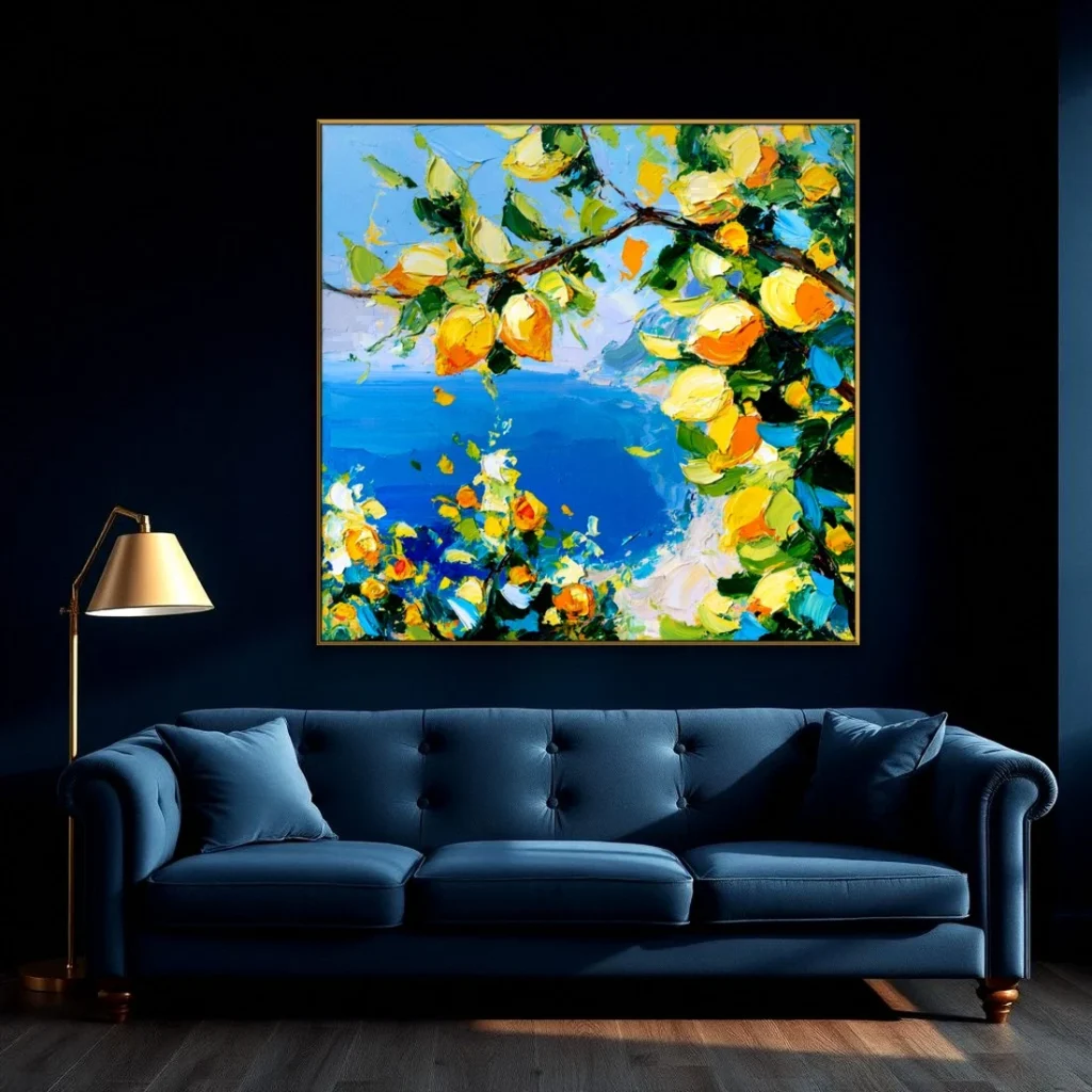 Sunlit lemon branch over a Mediterranean bay impressionist in a moody living room