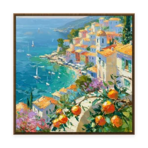 A large square impressionist painting of a Mediterranean hillside village of orange-roofed white houses descending to a turquoise harbor with small white sailboats, in loose palette-knife strokes