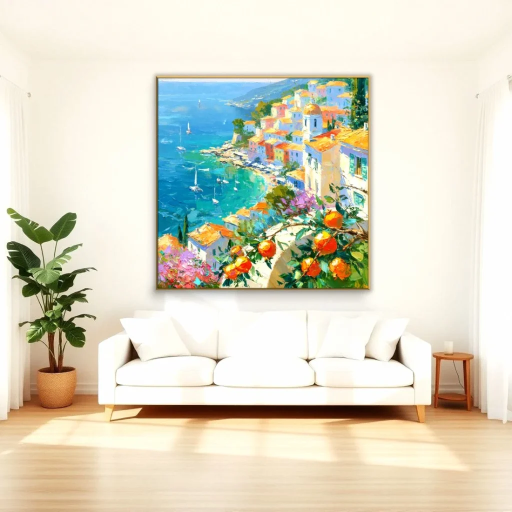 Hilltop village above a turquoise harbor impressionist oil in a bright living room