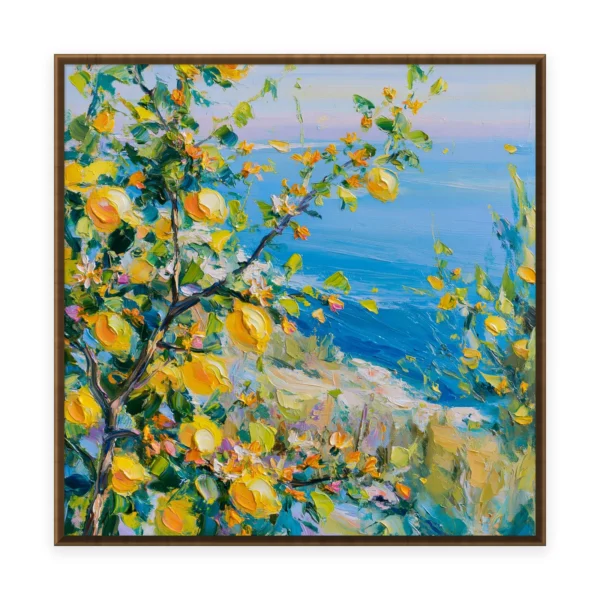 A large square impressionist painting of lemon tree branches with yellow fruit framing a sunlit Mediterranean coastline and pale blue sea, in thick textured strokes with warm golden light