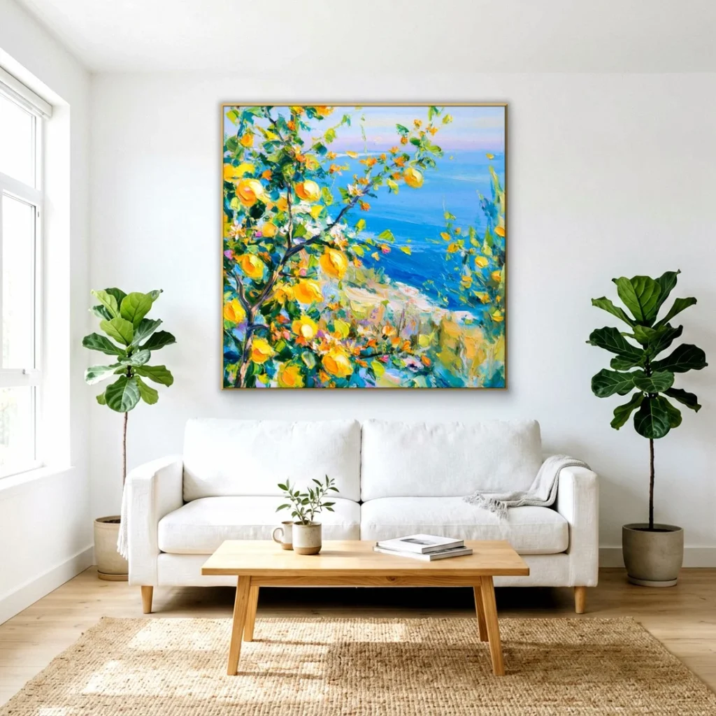 Lemon branches framing a sunlit coast impressionist oil in a bright living room