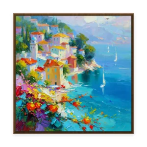 A large square impressionist painting of a clifftop Mediterranean village with white houses above a deep blue bay, fronted by magenta and red flowers in thick palette-knife paint, with small sailboats