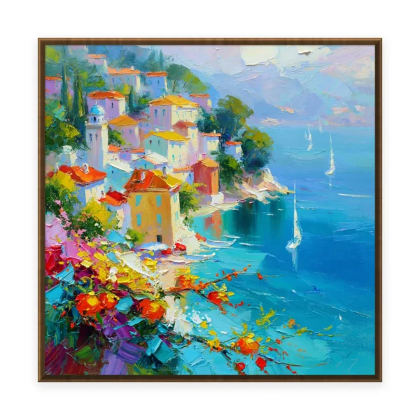 A large square impressionist painting of a clifftop Mediterranean village with white houses above a deep blue bay, fronted by magenta and red flowers in thick palette-knife paint, with small sailboats