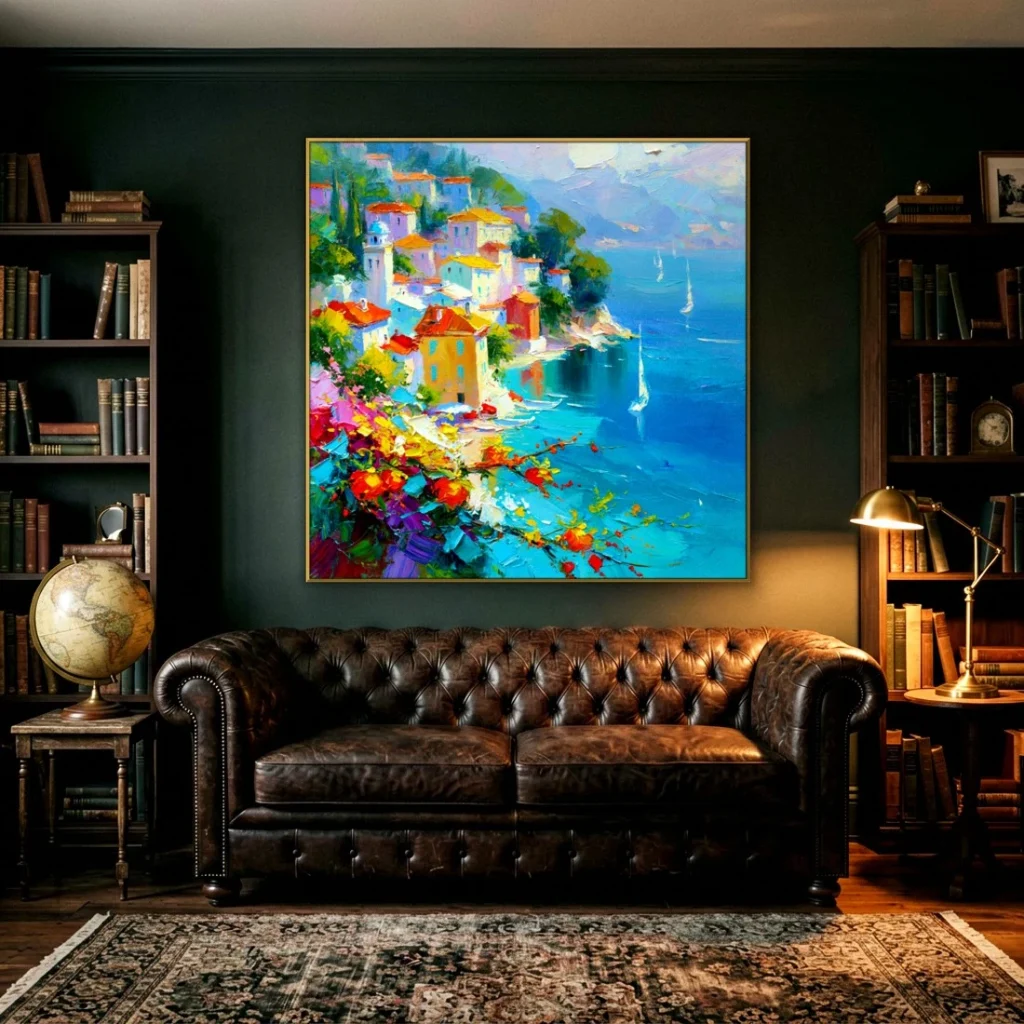 Flower-filled clifftop village over blue sea impressionist in a moody living room