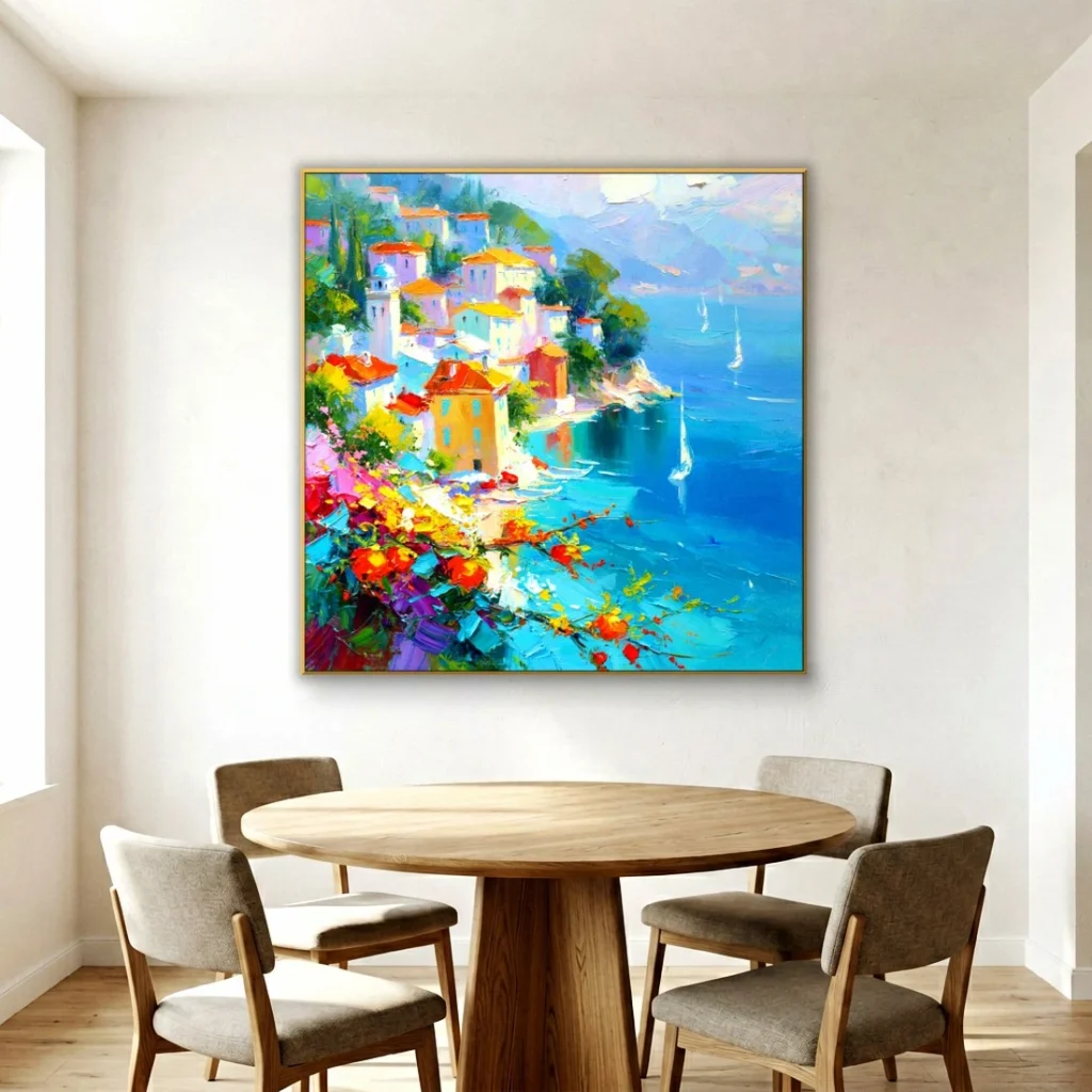 Flower-filled clifftop village over blue sea impressionist in a bright dining room