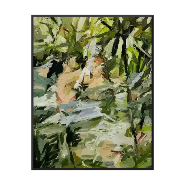 Green tropical pool bathers impressionist canvas IA30 black frame white background