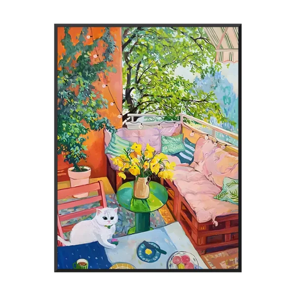 Fauvist acrylic painting of a sunny balcony scene with a white cat, yellow flowers in a jug and pink cushions under a leafy tree, hung frameless on a taupe wall above a ribbed bench, cozy cat canvas wall art