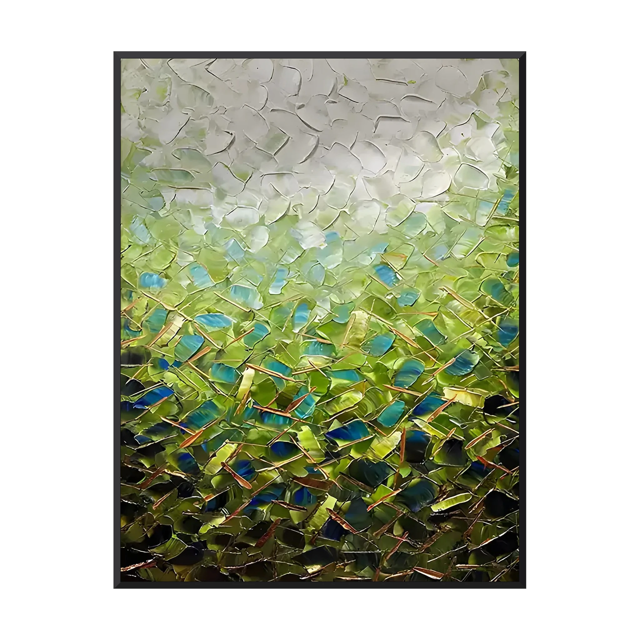 Heavy impasto abstract canvas in emerald green, teal and copper, thick knifed strokes fading to a pale sky top, textured green wall art painting