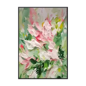 Vertical abstract floral painting of blush pink and white blooms rising through deep green foliage, built up in thick palette-knife impasto with flecks of red and yellow, set in a slim black frame on a white background.