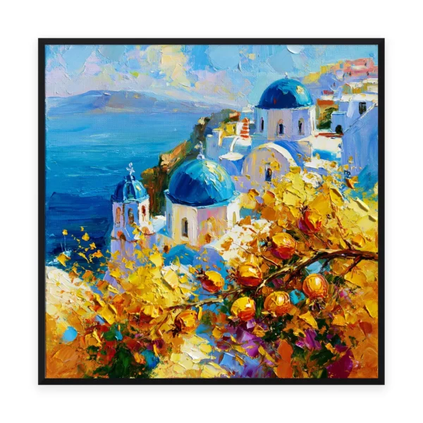 A large square impressionist painting of Santorini white churches with blue domes above a deep blue Mediterranean sea, with golden-yellow blossoms in thick palette-knife paint filling the foreground