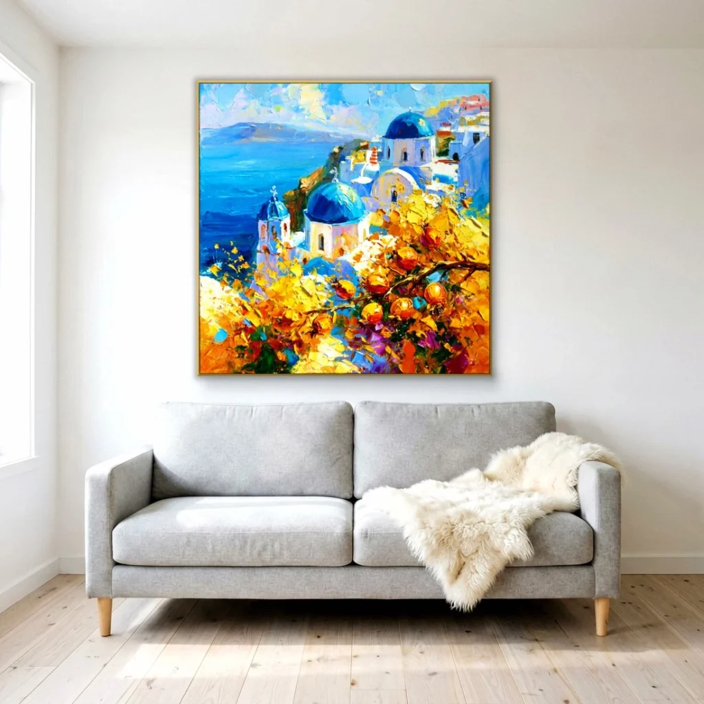 Santorini blue domes above the blue sea impressionist oil in a bright living room