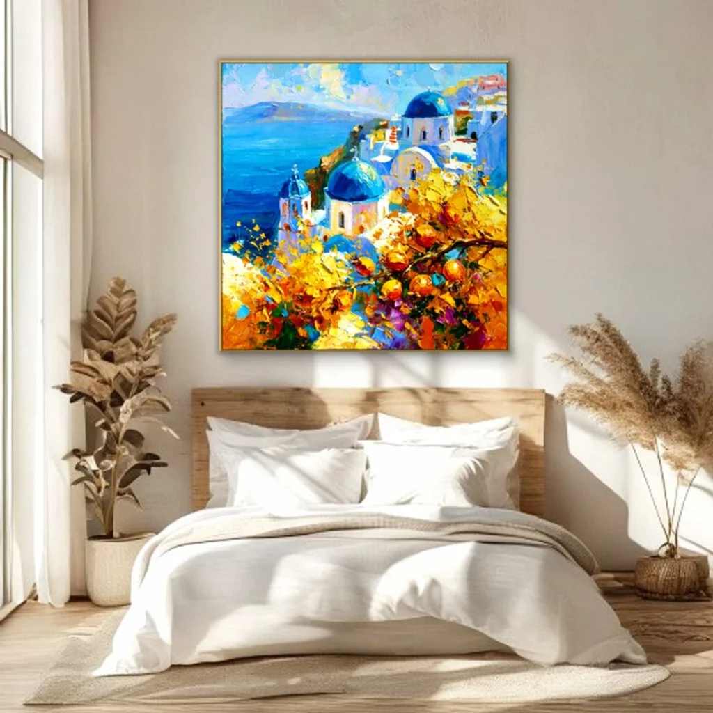 Santorini blue domes above the blue sea impressionist oil in a bright bedroom