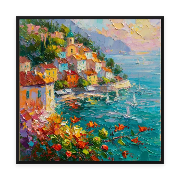 A large square impressionist painting of a Mediterranean coastal town of pale houses curving around a sunlit bay with sailboats, fronted by red and orange flowers in thick strokes