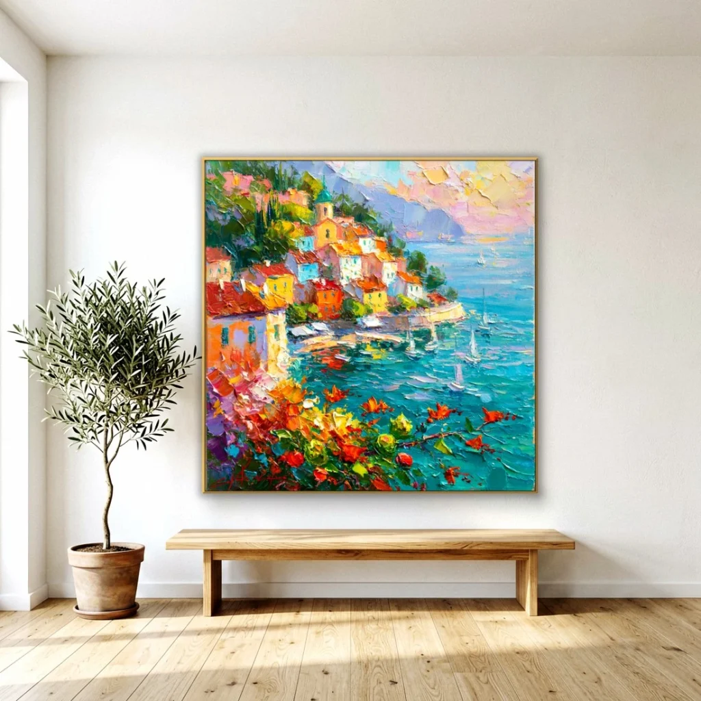 Seaside town above a sunlit bay impressionist canvas in a bright living room