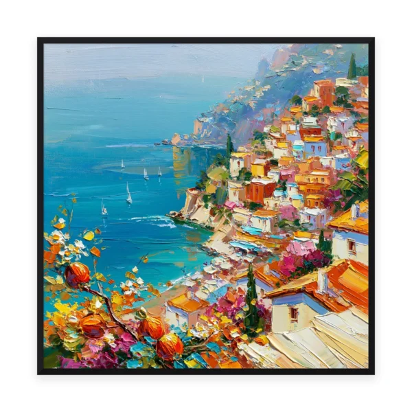 A large square impressionist painting of an Amalfi Coast cliffside village of densely stacked pastel houses above a turquoise sea, with pink and red bougainvillea in thick palette-knife paint