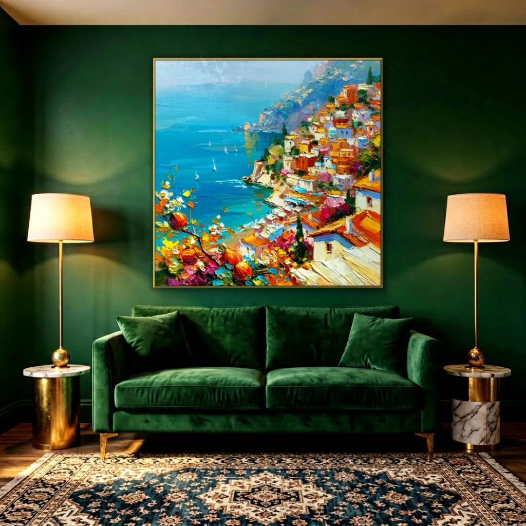 Amalfi cliffside village over turquoise sea impressionist in a moody living room