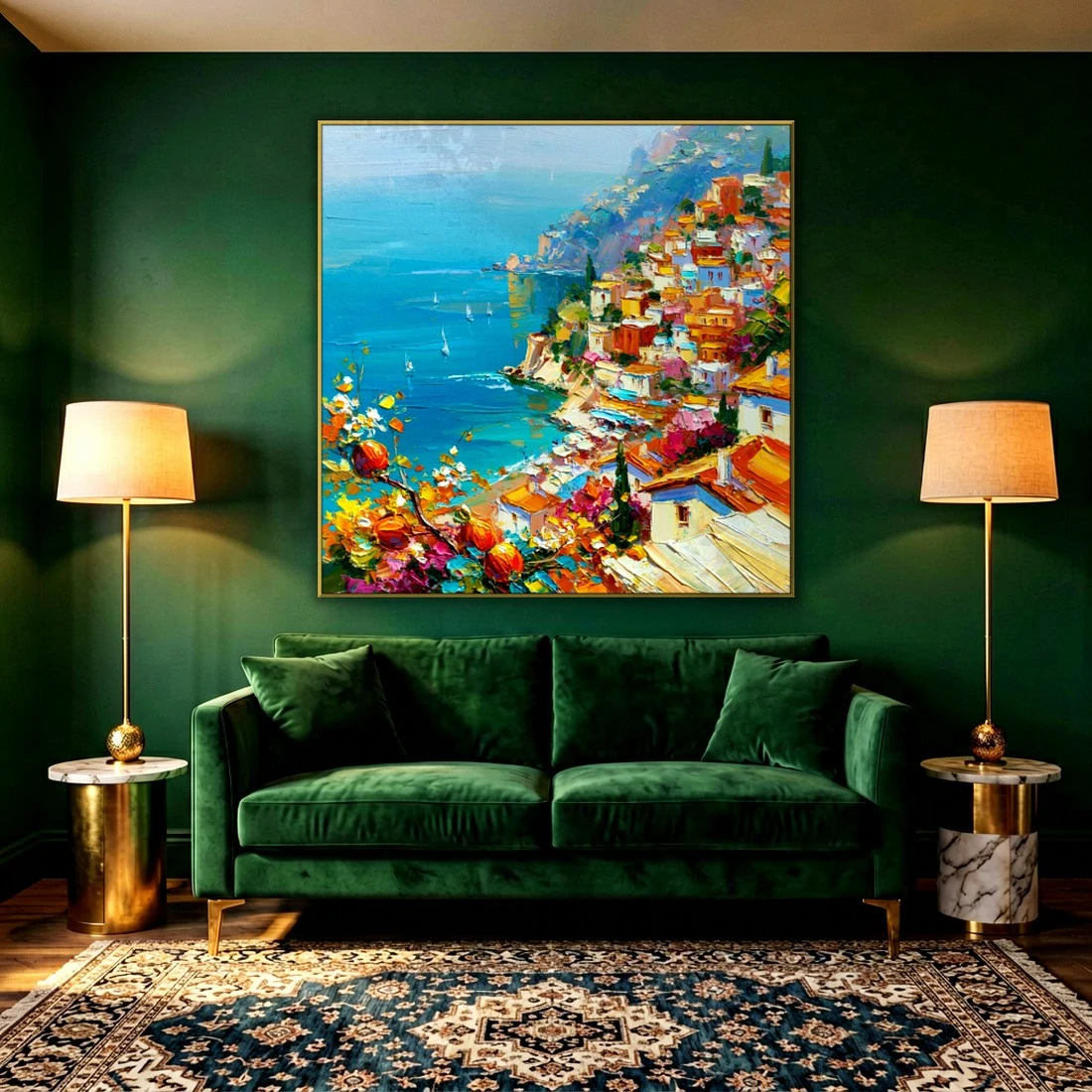 Amalfi cliffside village over turquoise sea impressionist in a moody living room