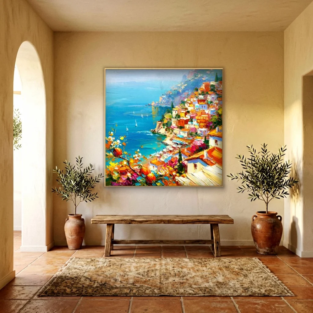 Amalfi cliffside village over turquoise sea impressionist in an elegant living room