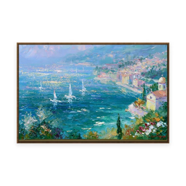 An oversized horizontal impressionist painting of a hazy blue Mediterranean bay with white sailboats and a pale distant village, painted in soft loose strokes with light atmospheric color