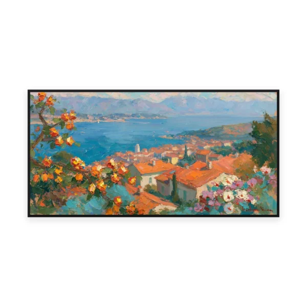 An oversized horizontal impressionist painting of clustered terracotta-roofed houses on a Mediterranean hillside above a hazy blue bay, in loose textured strokes with flowers in the foreground