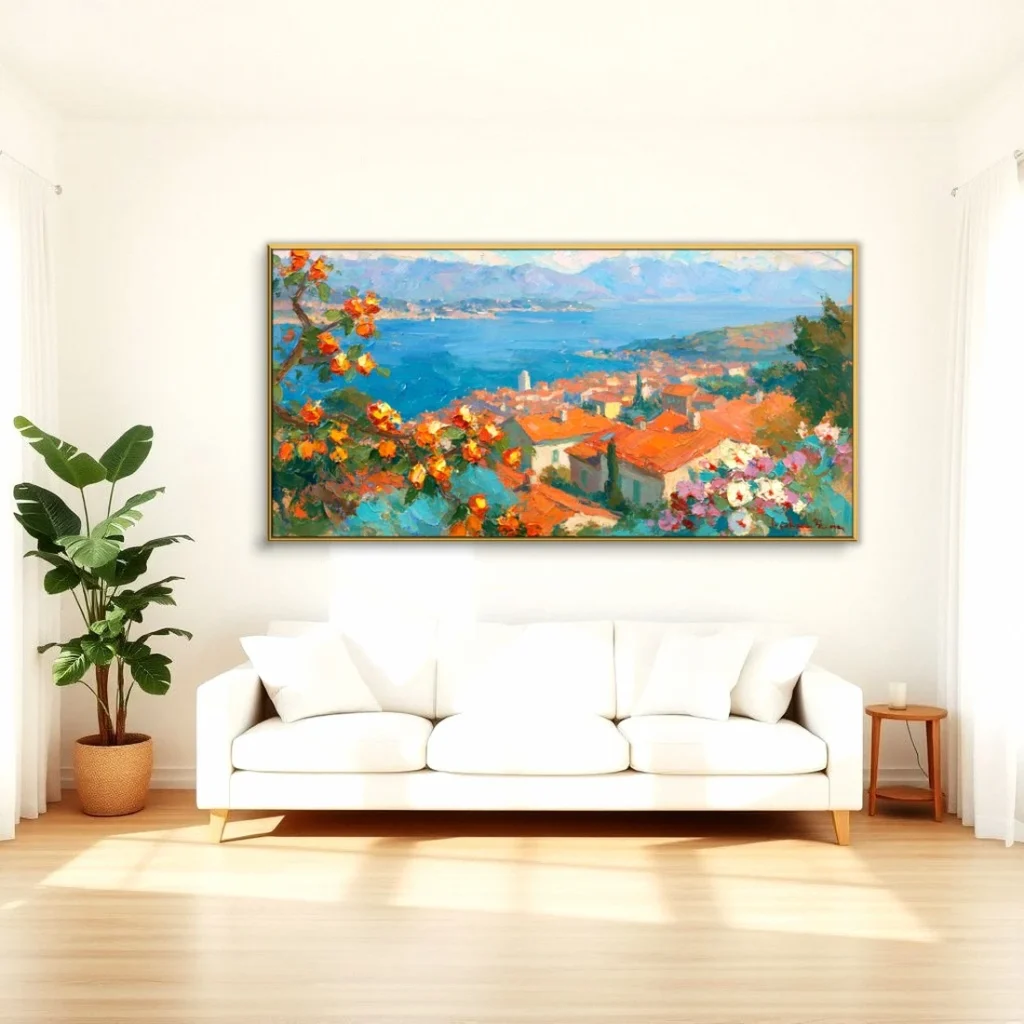 Terracotta rooftops above the sea impressionist canvas in a bright living room