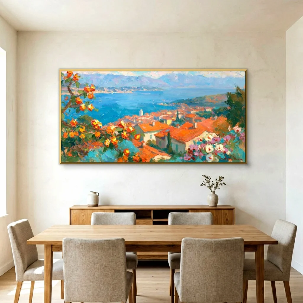 Terracotta rooftops above the sea impressionist canvas in a bright dining room