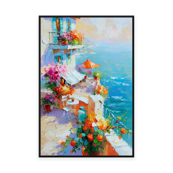 A tall vertical impressionist painting of a whitewashed Mediterranean terrace draped with pink and red flowers overlooking a calm blue sea, in bright airy palette-knife strokes