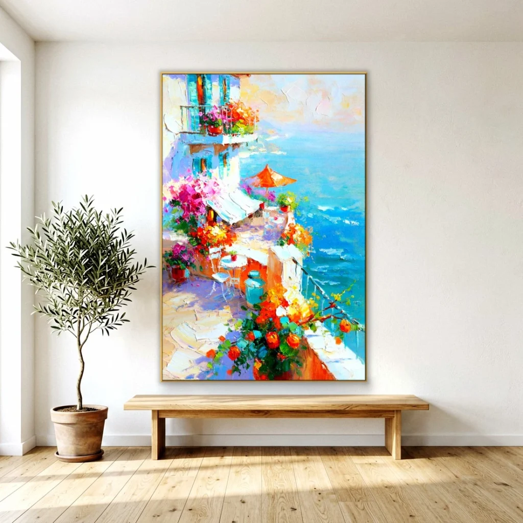 Flowering seaside terrace over blue water impressionist in a bright living room