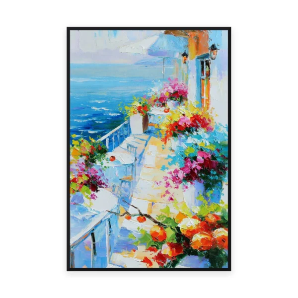 A tall vertical impressionist painting of a whitewashed Mediterranean balcony with pink flowers and orange fruit overlooking a bright blue bay, in fresh thick palette-knife strokes