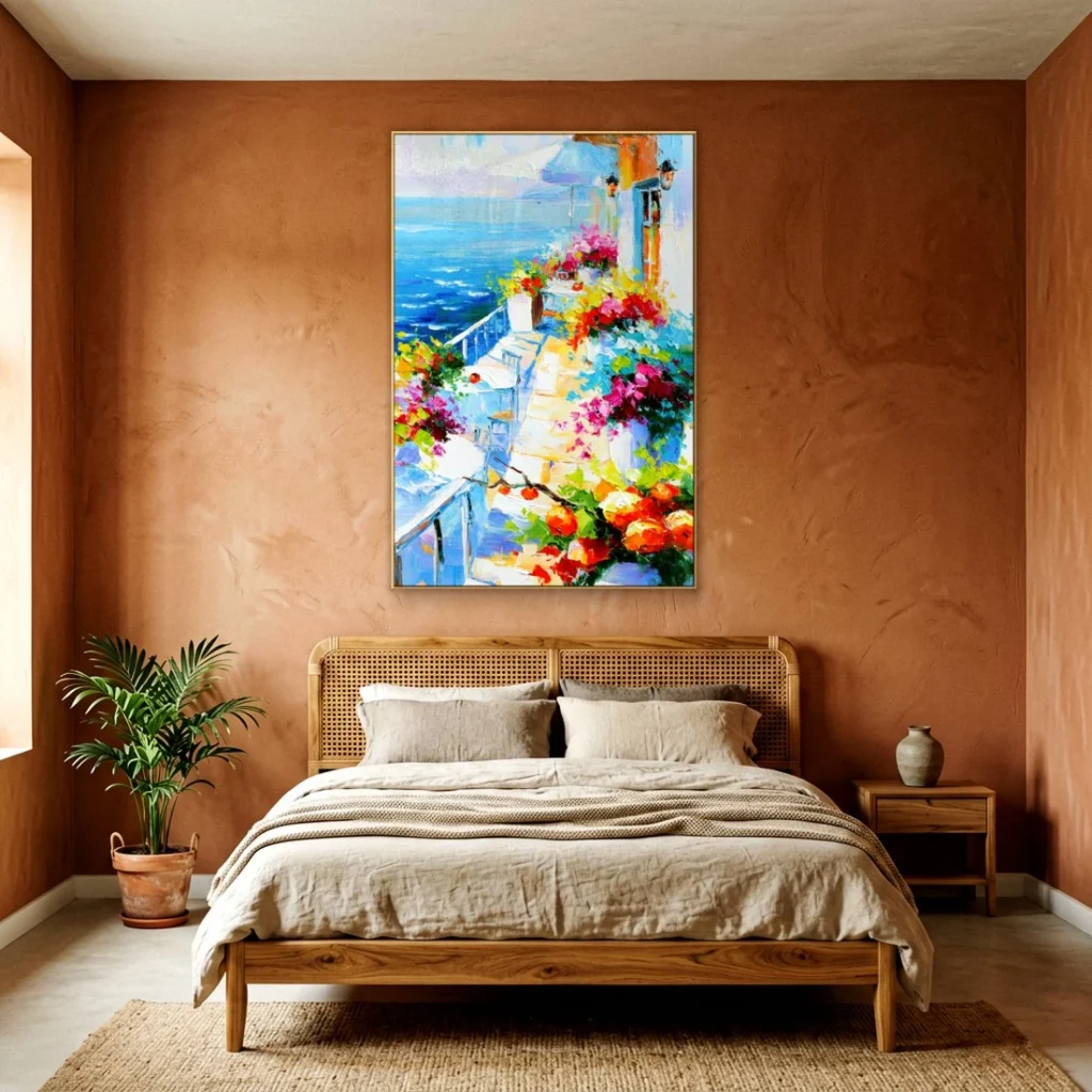 Whitewashed balcony over the bright sea impressionist in a cozy bedroom